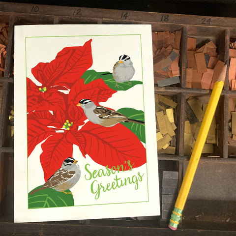 RHO-211 White-Crowned Sparrows and Poinsettia - Season's Greetings