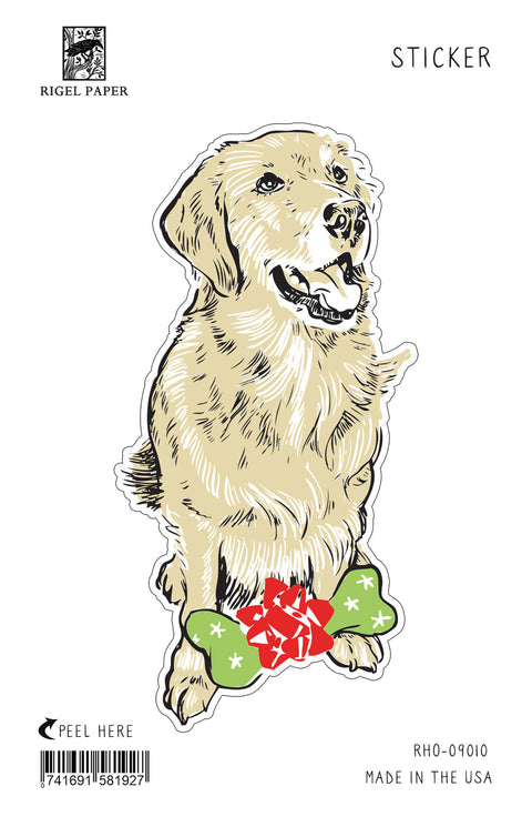 RHO-9010 Sticker: Golden Retriever with Present